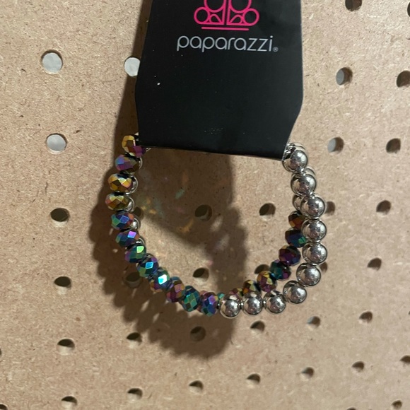 Set of TWO stretchy bracelets with silver ball and oil spill beads. - Picture 3 of 6